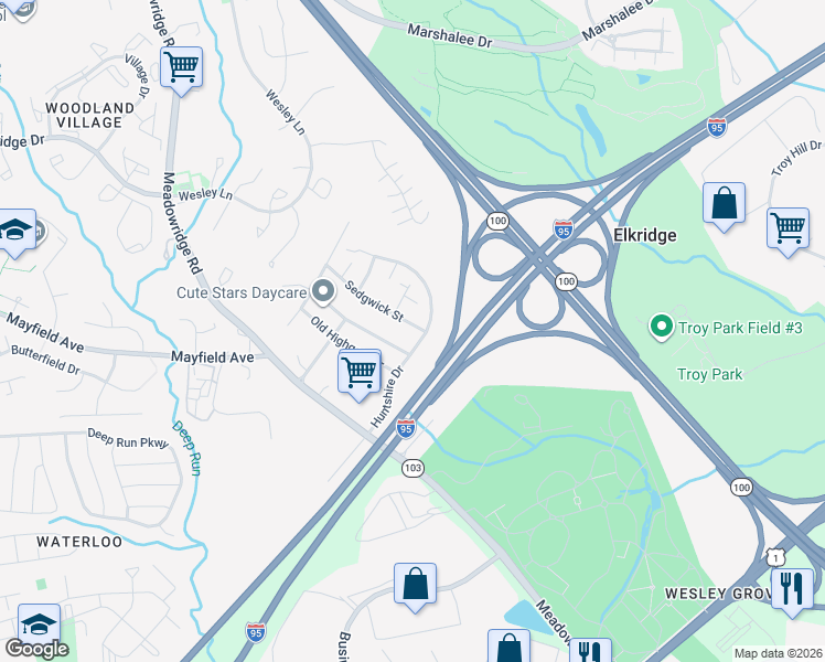 map of restaurants, bars, coffee shops, grocery stores, and more near 6492 Sedgwick Street in Elkridge