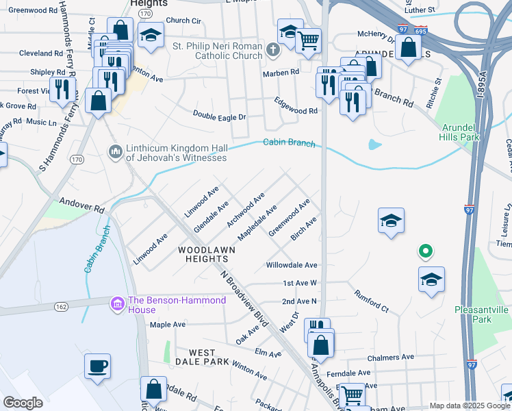 map of restaurants, bars, coffee shops, grocery stores, and more near 37 Archwood Avenue in Glen Burnie