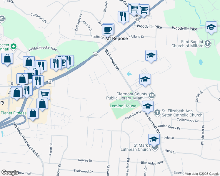 map of restaurants, bars, coffee shops, grocery stores, and more near 5938 Pinto Place in Milford