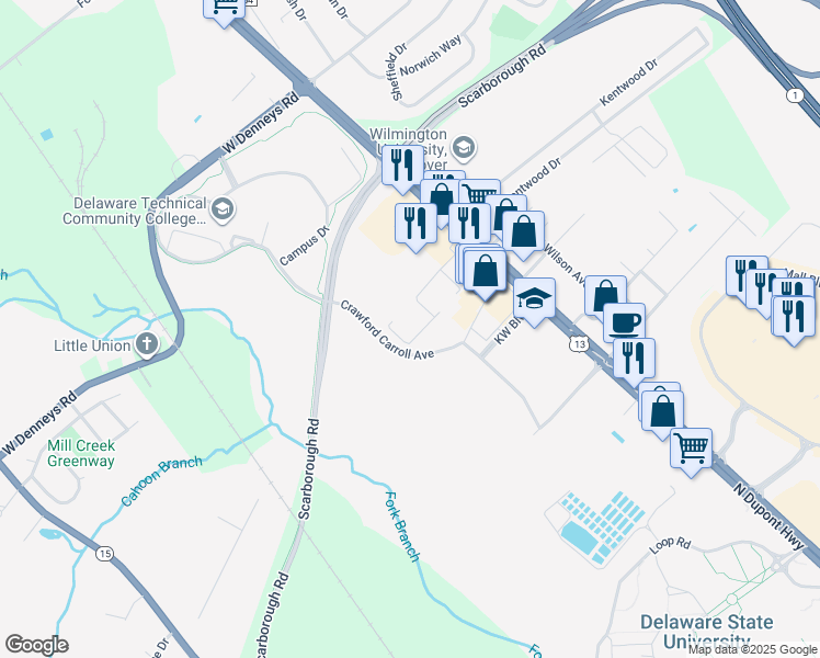 map of restaurants, bars, coffee shops, grocery stores, and more near 1700 North Dupont Highway in Dover