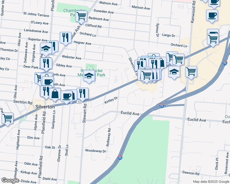 map of restaurants, bars, coffee shops, grocery stores, and more near 7552 Montgomery Road in Cincinnati