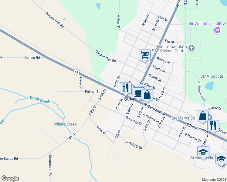 map of restaurants, bars, coffee shops, grocery stores, and more near 717-799 West Bertrand Avenue in Saint Marys