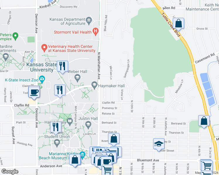 map of restaurants, bars, coffee shops, grocery stores, and more near 1431 Pioneer Lane in Manhattan