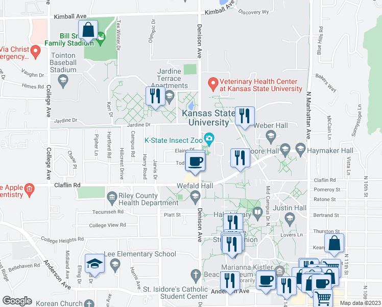 map of restaurants, bars, coffee shops, grocery stores, and more near 1811 Elaine Drive in Manhattan