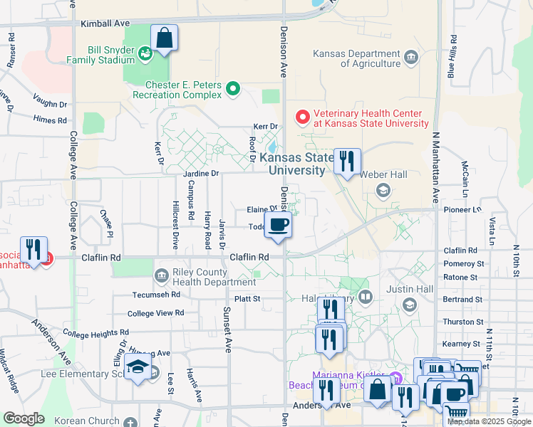 map of restaurants, bars, coffee shops, grocery stores, and more near 1813 Elaine Drive in Manhattan
