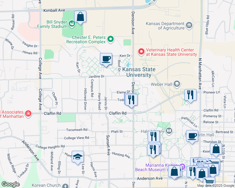 map of restaurants, bars, coffee shops, grocery stores, and more near 1835 Elaine Drive in Manhattan