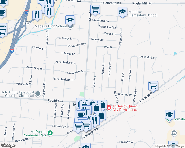 map of restaurants, bars, coffee shops, grocery stores, and more near 7351 Juler Avenue in Cincinnati