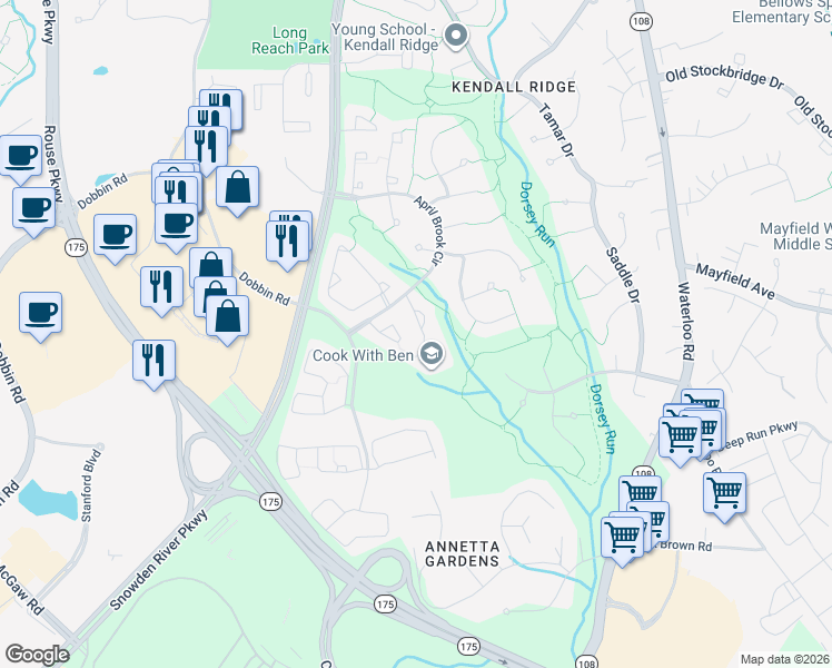 map of restaurants, bars, coffee shops, grocery stores, and more near 6342 Wind Rider Way in Columbia