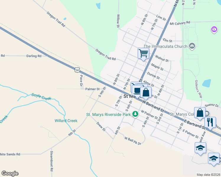 map of restaurants, bars, coffee shops, grocery stores, and more near 808 West Bertrand Avenue in St. Marys