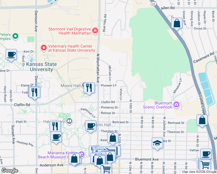 map of restaurants, bars, coffee shops, grocery stores, and more near 1431 Pioneer Lane in Manhattan