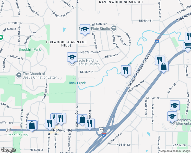 map of restaurants, bars, coffee shops, grocery stores, and more near 5120 Northeast 55th Terrace in Kansas City