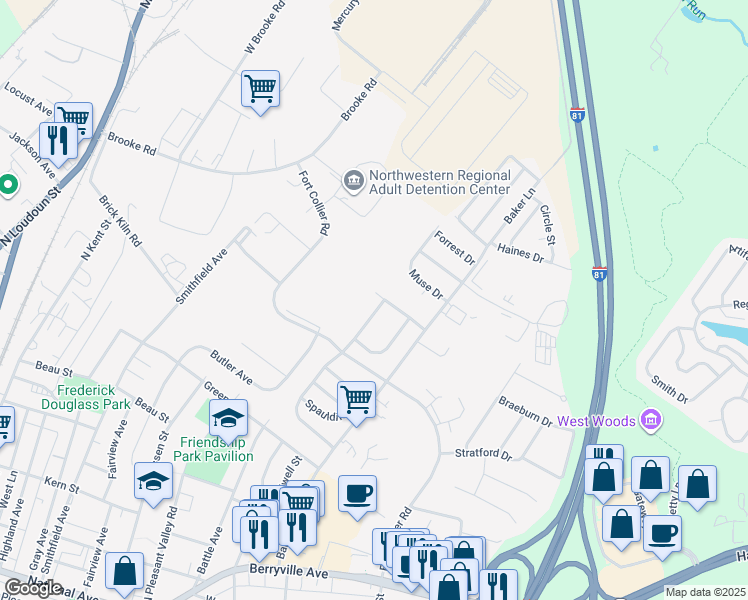 map of restaurants, bars, coffee shops, grocery stores, and more near 125 Longstreet Avenue in Winchester