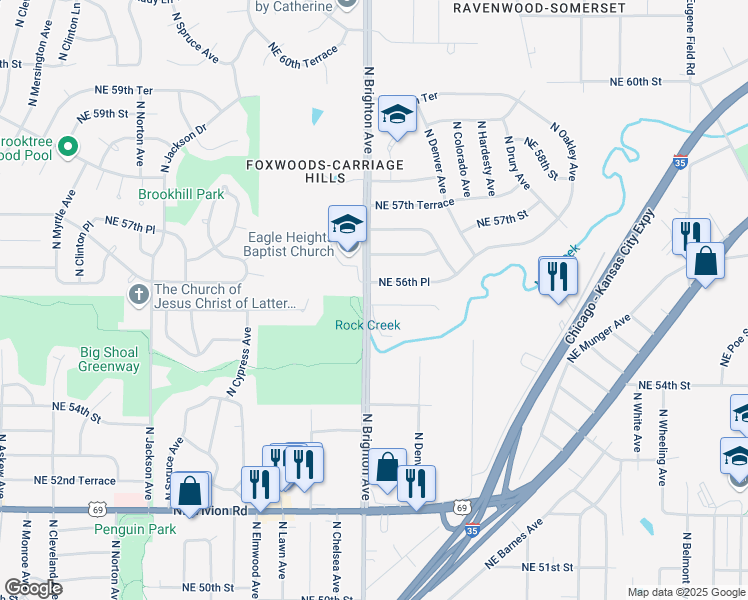 map of restaurants, bars, coffee shops, grocery stores, and more near 5000 Northeast 55th Terrace in Kansas City