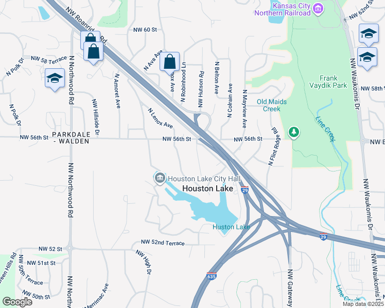 map of restaurants, bars, coffee shops, grocery stores, and more near 5536 Northwest Meadowvale Drive in Kansas City