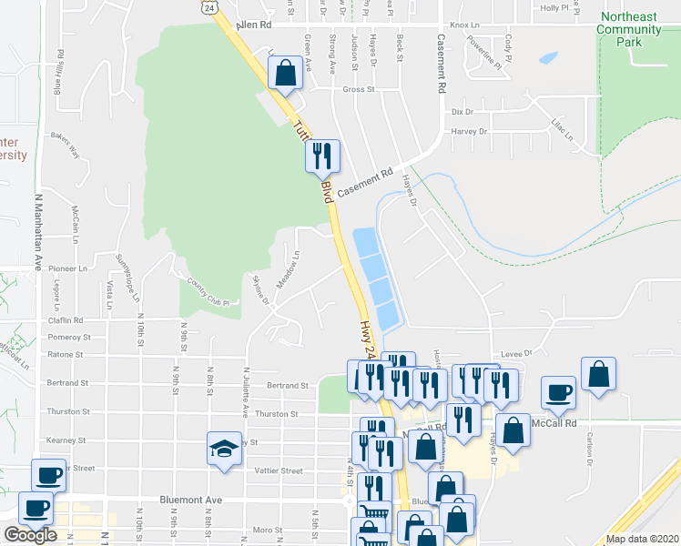 map of restaurants, bars, coffee shops, grocery stores, and more near 401 Ehlers Road in Manhattan