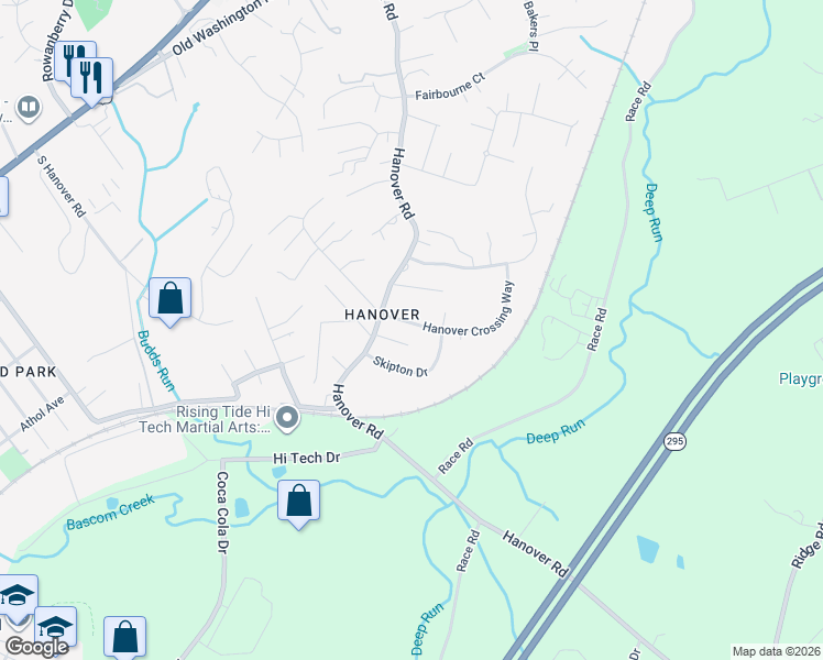 map of restaurants, bars, coffee shops, grocery stores, and more near 6325 Hanover Crossing Way in Hanover