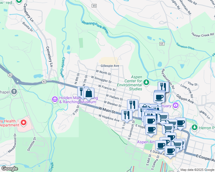 map of restaurants, bars, coffee shops, grocery stores, and more near 500 West Francis Street in Aspen