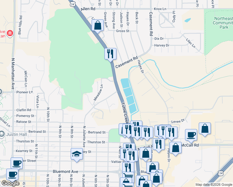 map of restaurants, bars, coffee shops, grocery stores, and more near 401 Ehlers Rd in Manhattan
