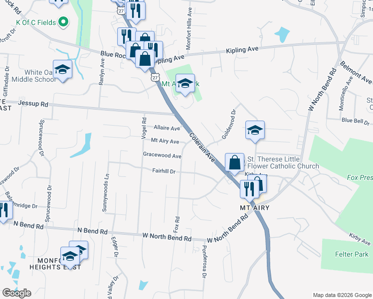 map of restaurants, bars, coffee shops, grocery stores, and more near 5588 Fox Road in Cincinnati