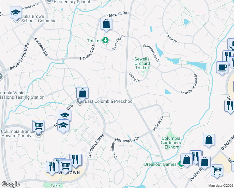 map of restaurants, bars, coffee shops, grocery stores, and more near 6900 Bugledrum Way in Columbia
