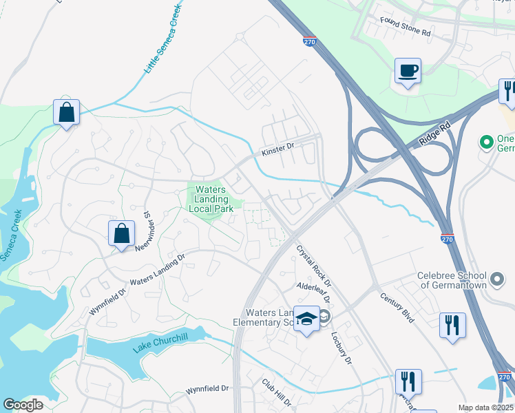 map of restaurants, bars, coffee shops, grocery stores, and more near 20509 Shadyside Way in Germantown