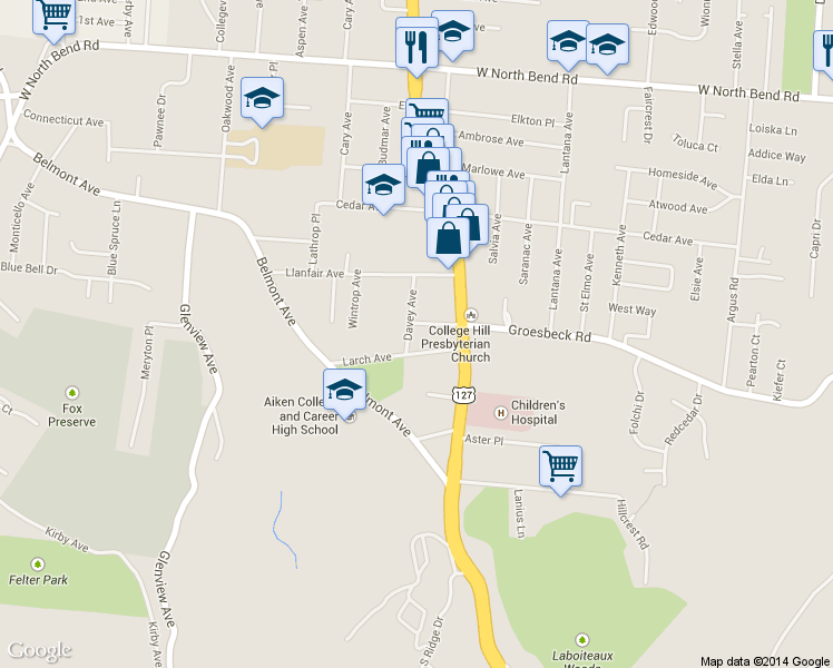 map of restaurants, bars, coffee shops, grocery stores, and more near 5716 Davey Avenue in Cincinnati
