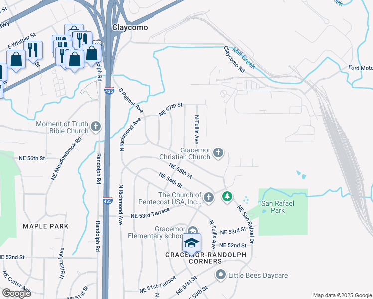 map of restaurants, bars, coffee shops, grocery stores, and more near 5605 North Potter Avenue in Kansas City