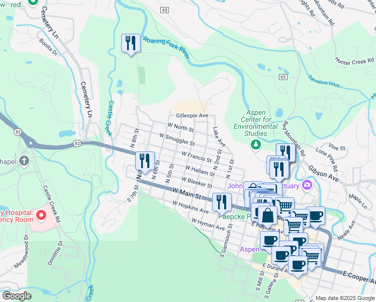 map of restaurants, bars, coffee shops, grocery stores, and more near 500 West Francis Street in Aspen