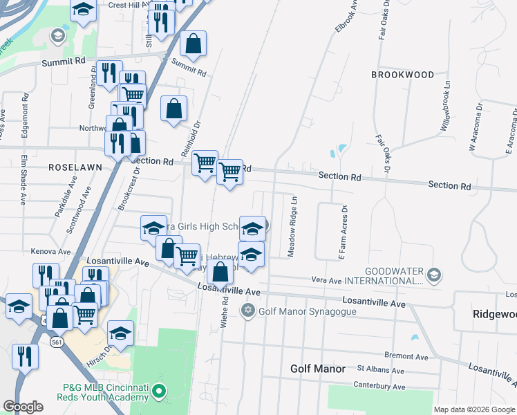 map of restaurants, bars, coffee shops, grocery stores, and more near 2186 Blue Grass Lane in Cincinnati