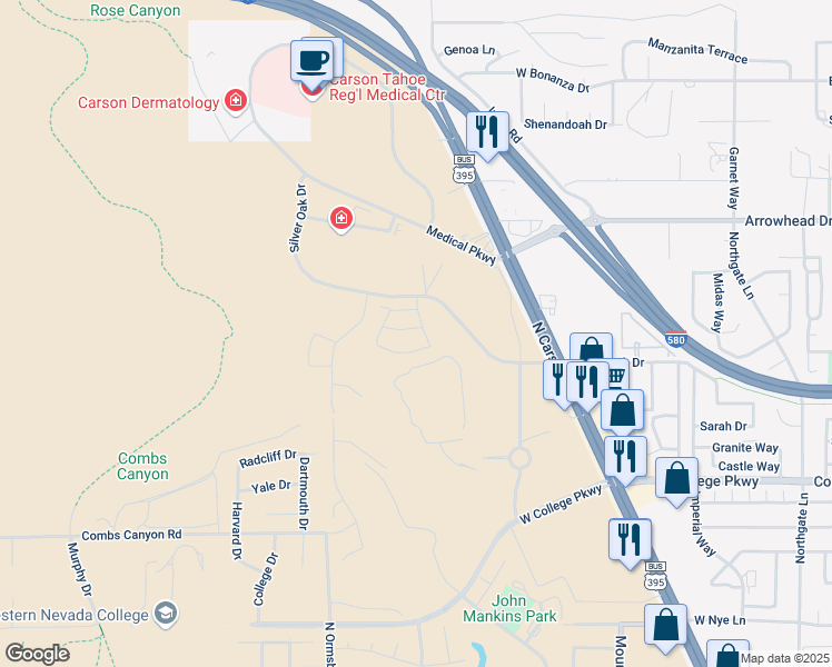 map of restaurants, bars, coffee shops, grocery stores, and more near 4113 Siena Drive in Carson City