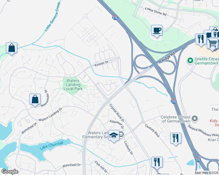 map of restaurants, bars, coffee shops, grocery stores, and more near 20521 Golf Course Drive in Germantown