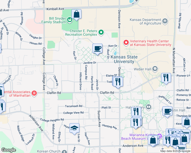 map of restaurants, bars, coffee shops, grocery stores, and more near 1515 Jarvis Dr in Manhattan