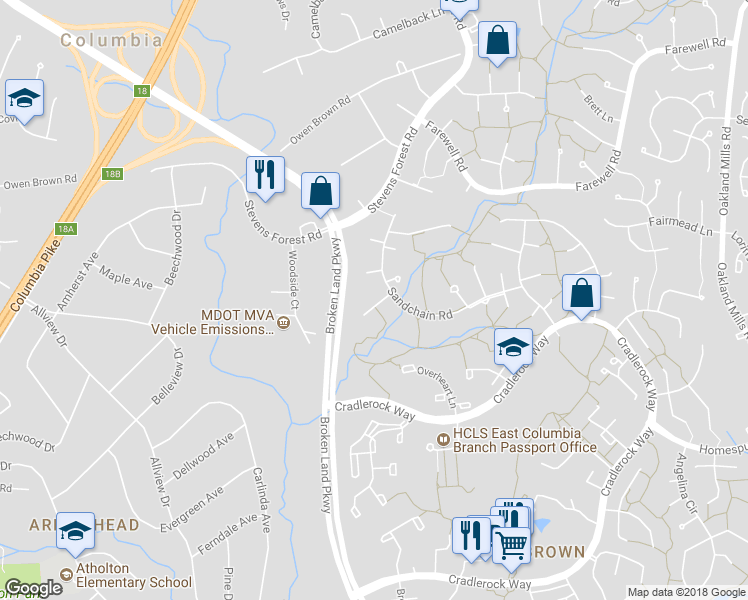 map of restaurants, bars, coffee shops, grocery stores, and more near 6302 Leafy Screen in Columbia