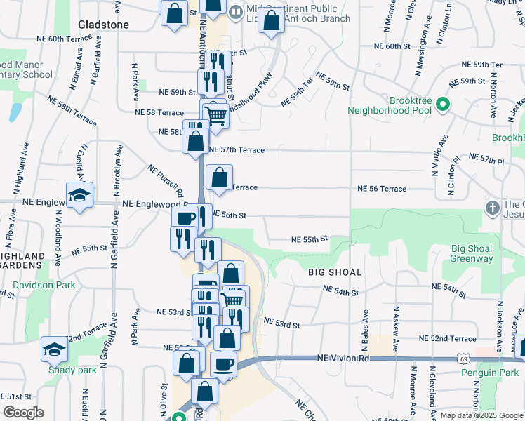 map of restaurants, bars, coffee shops, grocery stores, and more near 2828 Northeast 56th Street in Kansas City