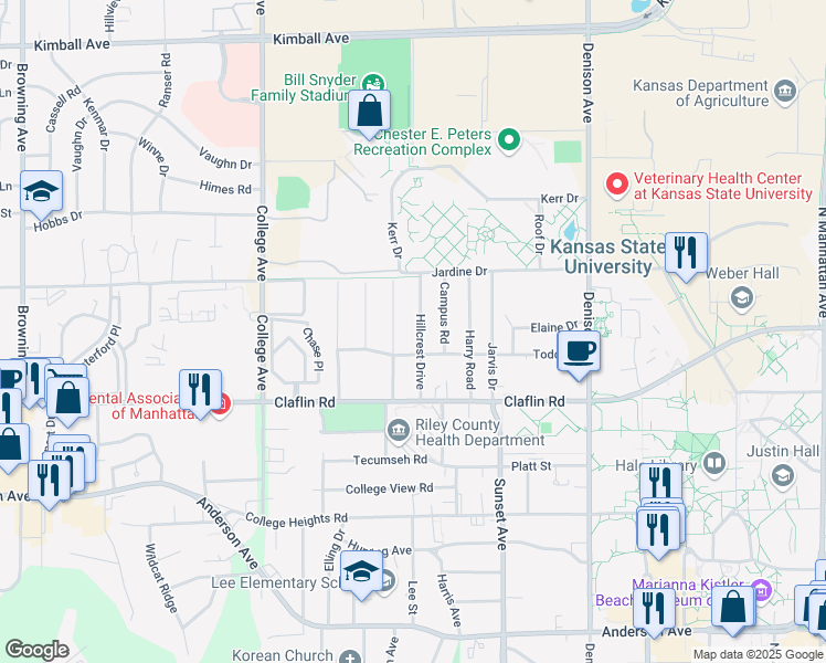 map of restaurants, bars, coffee shops, grocery stores, and more near 1513 Hillcrest Drive in Manhattan