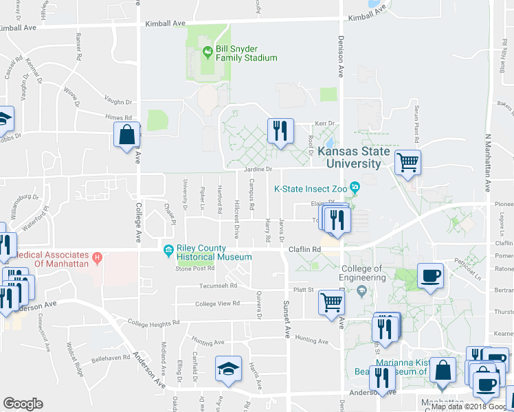 map of restaurants, bars, coffee shops, grocery stores, and more near 1512 Campus Road in Manhattan