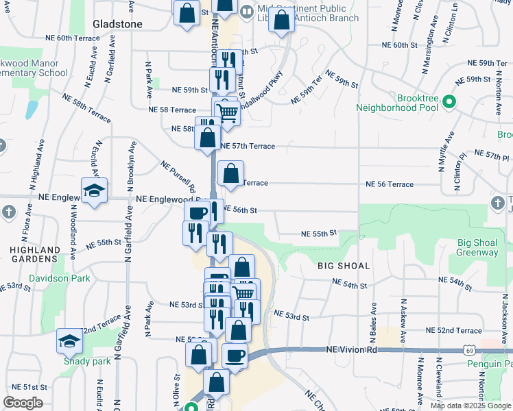map of restaurants, bars, coffee shops, grocery stores, and more near 2802 Northeast 56th Street in Kansas City