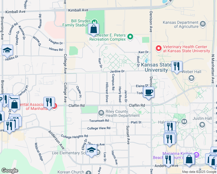 map of restaurants, bars, coffee shops, grocery stores, and more near 1512 Hillcrest Drive in Manhattan