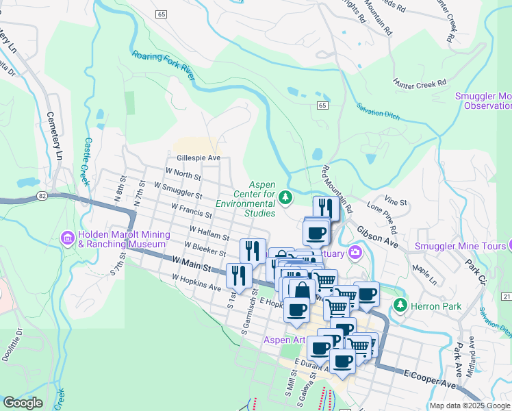 map of restaurants, bars, coffee shops, grocery stores, and more near 206 Lake Avenue in Aspen