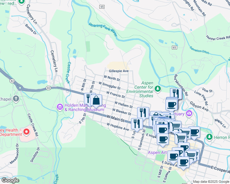 map of restaurants, bars, coffee shops, grocery stores, and more near 500 West Francis Street in Aspen