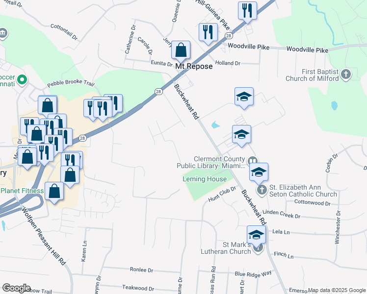 map of restaurants, bars, coffee shops, grocery stores, and more near 5938 Pinto Place in Milford