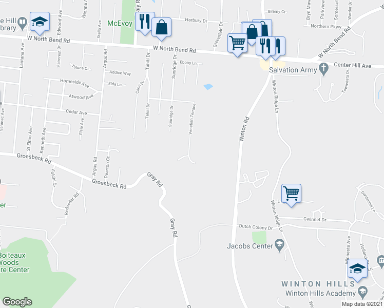 map of restaurants, bars, coffee shops, grocery stores, and more near 1105 Virescent Court in Cincinnati