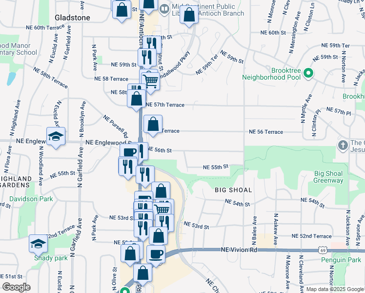 map of restaurants, bars, coffee shops, grocery stores, and more near 2828 Northeast 56th Street in Kansas City