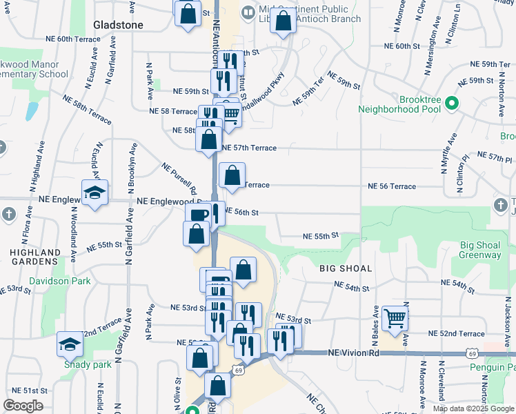 map of restaurants, bars, coffee shops, grocery stores, and more near 2802 Northeast 56th Street in Kansas City