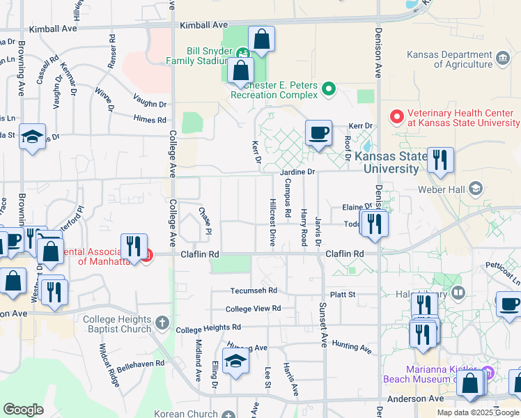map of restaurants, bars, coffee shops, grocery stores, and more near 1513 Hillcrest Drive in Manhattan