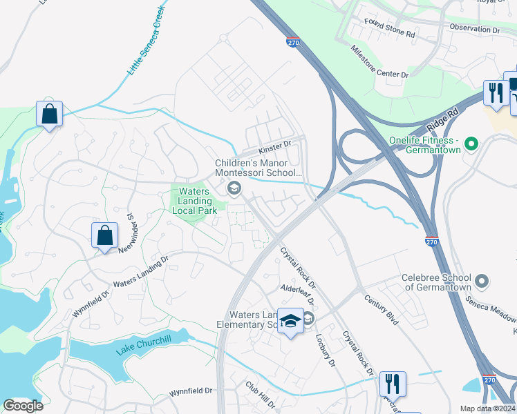 map of restaurants, bars, coffee shops, grocery stores, and more near 12935 Bridger Drive in Germantown