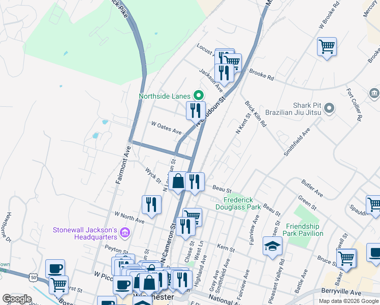 map of restaurants, bars, coffee shops, grocery stores, and more near 655 North Cameron Street in Winchester