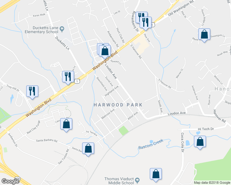 map of restaurants, bars, coffee shops, grocery stores, and more near 6370 Euclid Avenue in Elkridge