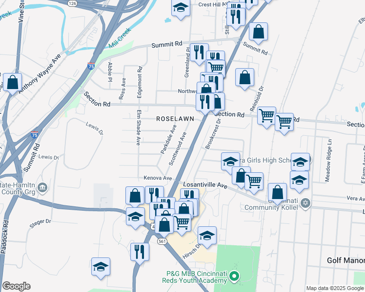 map of restaurants, bars, coffee shops, grocery stores, and more near 1620 Rosecliff Avenue in Cincinnati