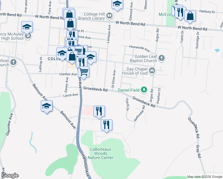 map of restaurants, bars, coffee shops, grocery stores, and more near 5481 Saint Elmo Avenue in Cincinnati